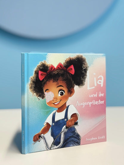 Buchcover "Lia und ihr Augenpflaster" - Lia mit Augenpflaster auf dem Fahrrad