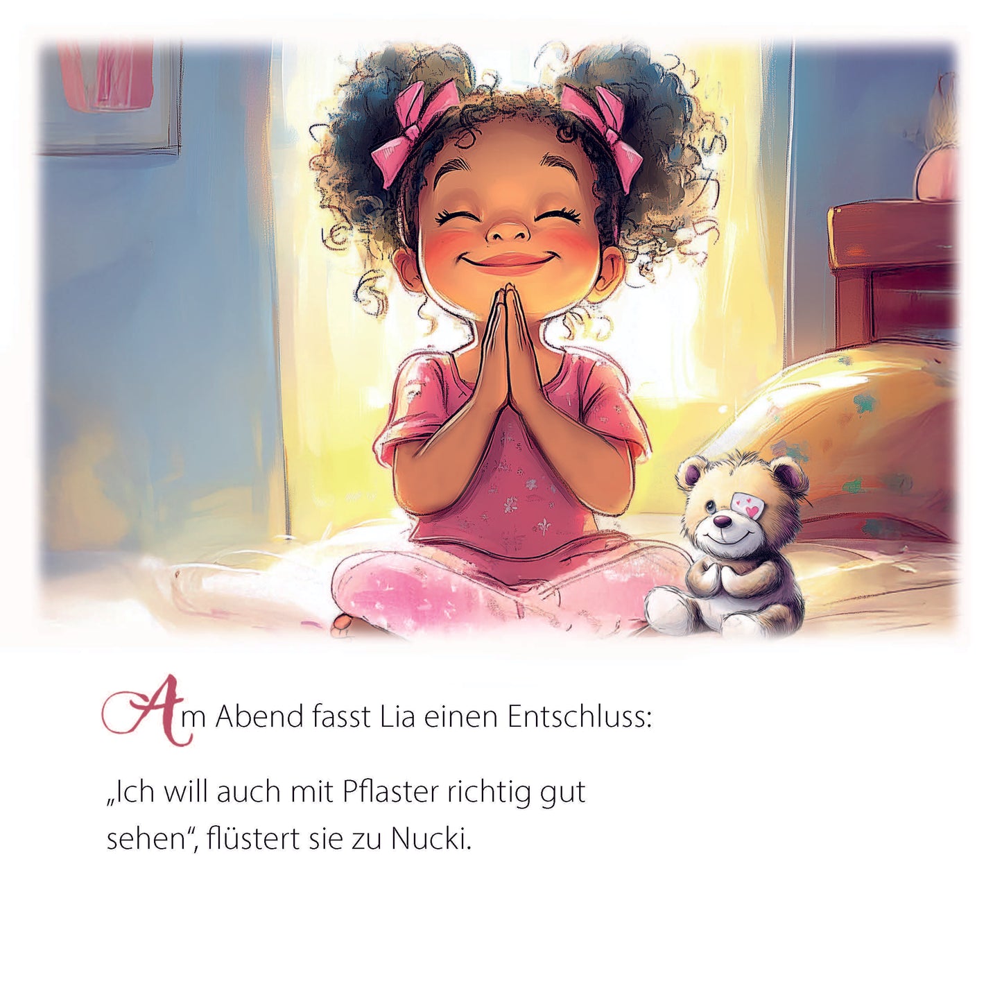 Lia sitzt mit Nucki auf ihrem Bett und fasst einen Entschluss