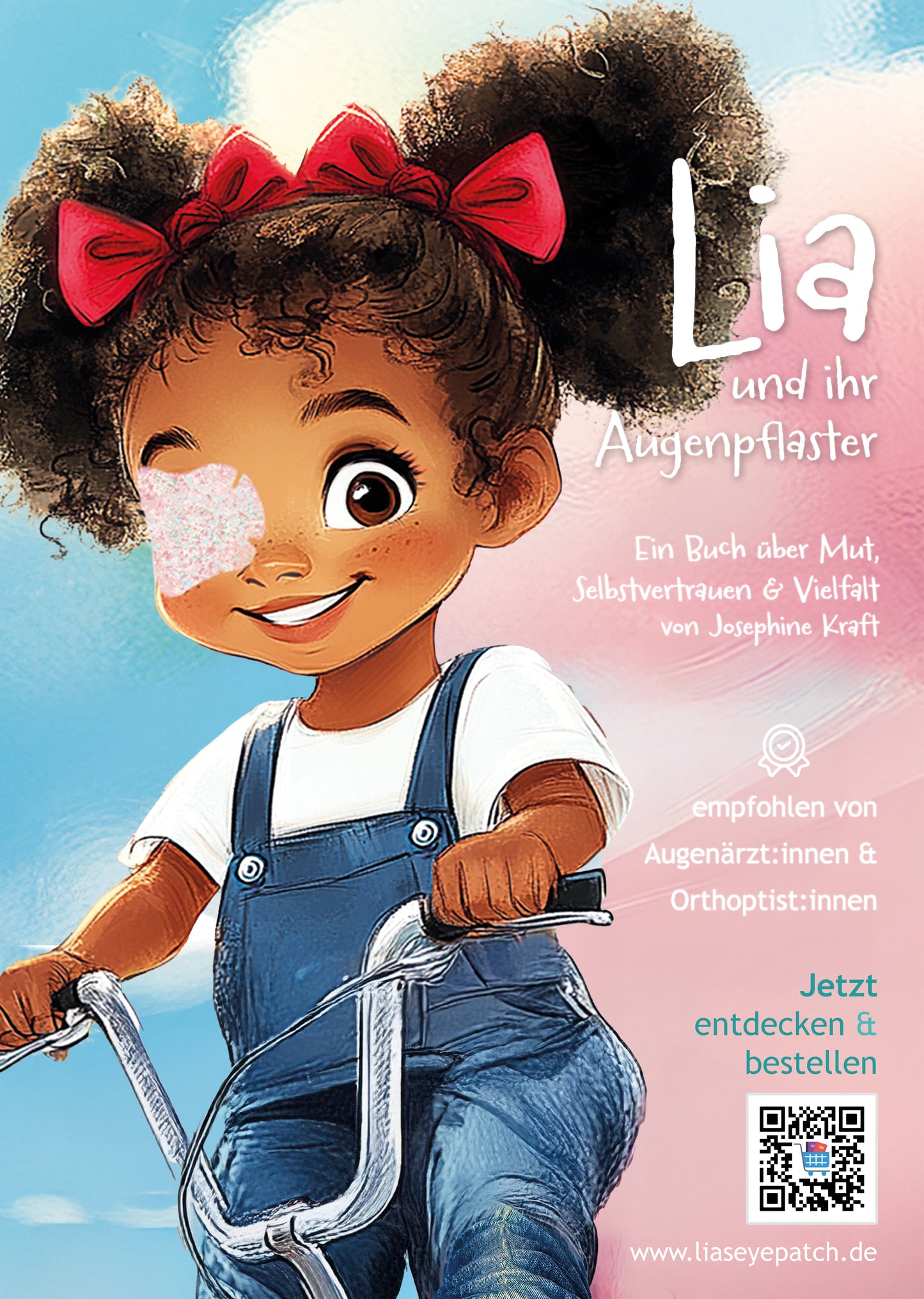 Poster zum Kinderbuch „Lia und ihr Augenpflaster“ – Augenpflaster-Therapie kindgerecht erklärt, empfohlen von Augenärzt:innen und Orthoptist:innen